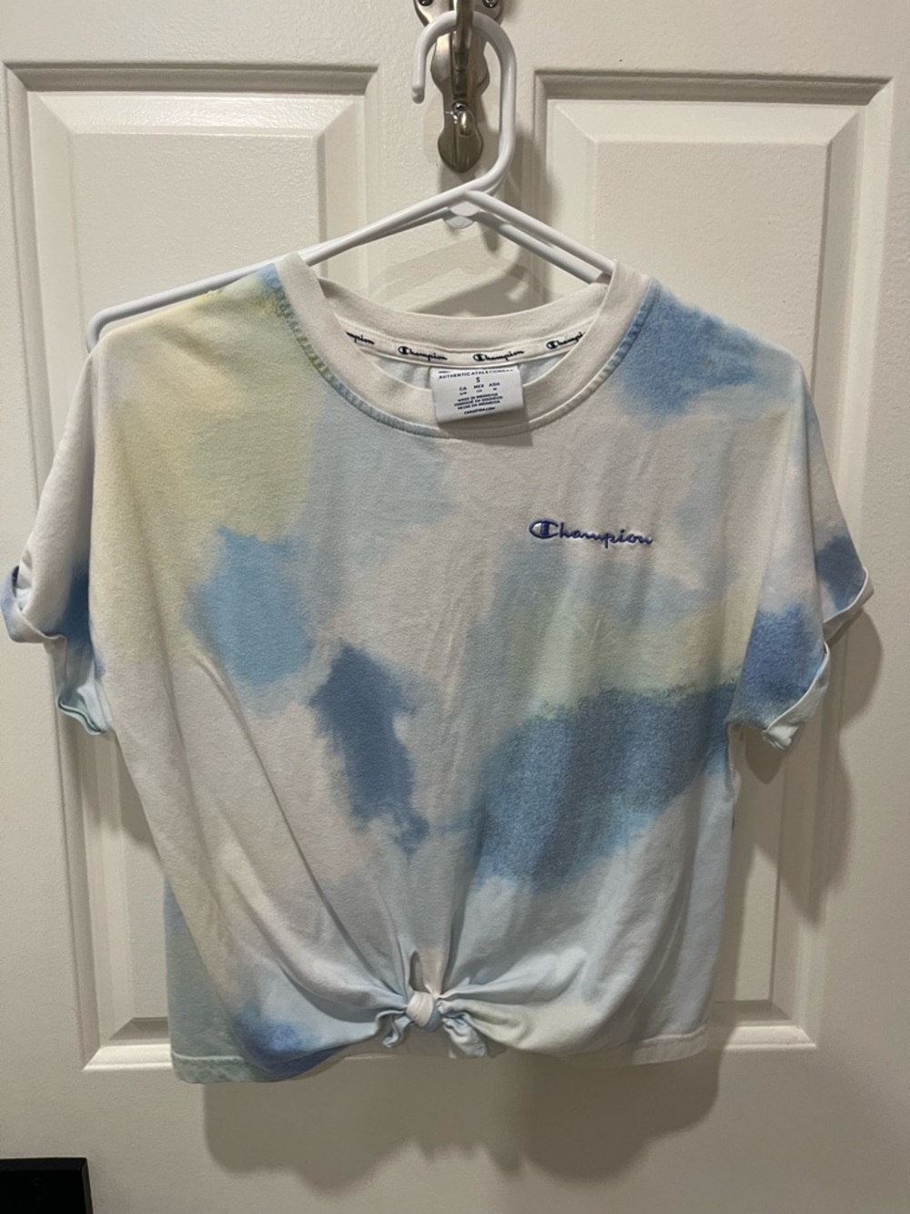 Champion White Crewneck T-Shirt with Small Blue Logo Tie Dye
